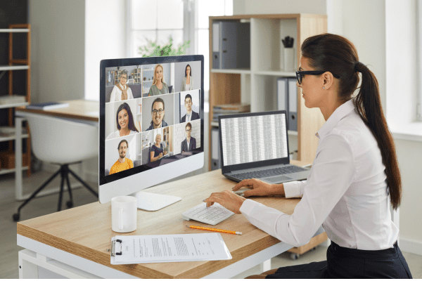 a female remote worker making a conference call